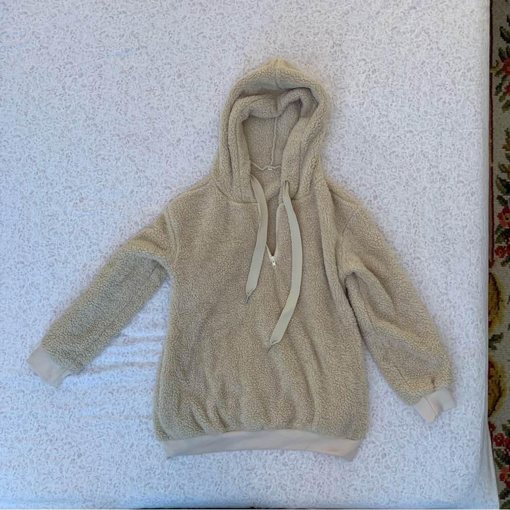 Men’s Beige/Khaki Brown Hoodie with Drawstring and Pockets Size S EUC